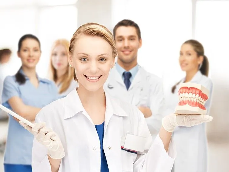 Friendly dental team holding a model of teeth